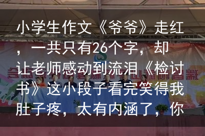 小学生作文《爷爷》走红，一共只有26个字，却让老师感动到流泪《检讨书》这小段子看完笑得我肚子疼，太有内涵了，你细品。